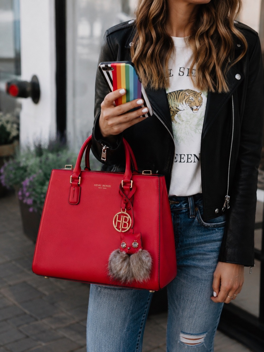 Henri BENDEL West 57th Turnlock Red Safiano Leather Bag Purse Gold Cat Charm